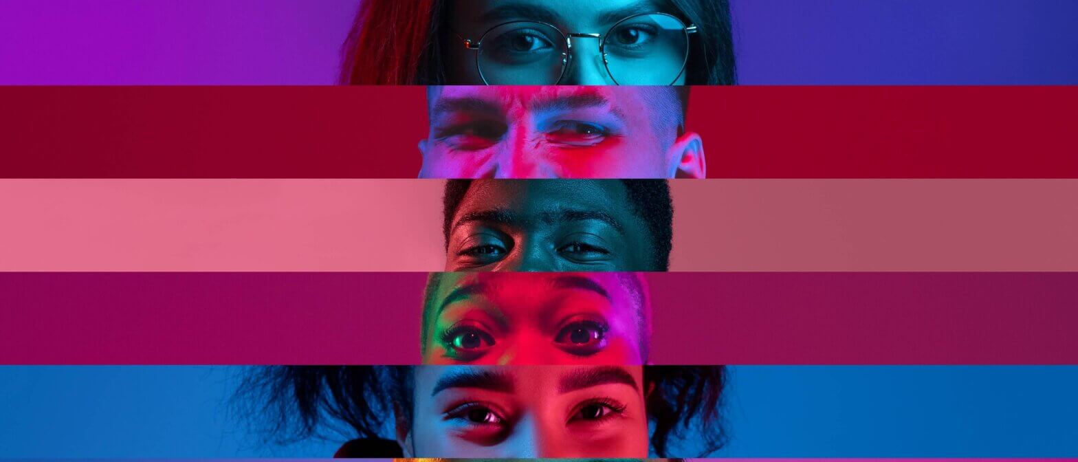 People's faces on a multi-color background
